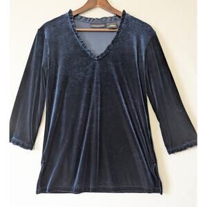 Impressions Y2K Whimsigoth Velvet Blue Jewel Tone Ruffle Trim V Neck Top‎ Size S